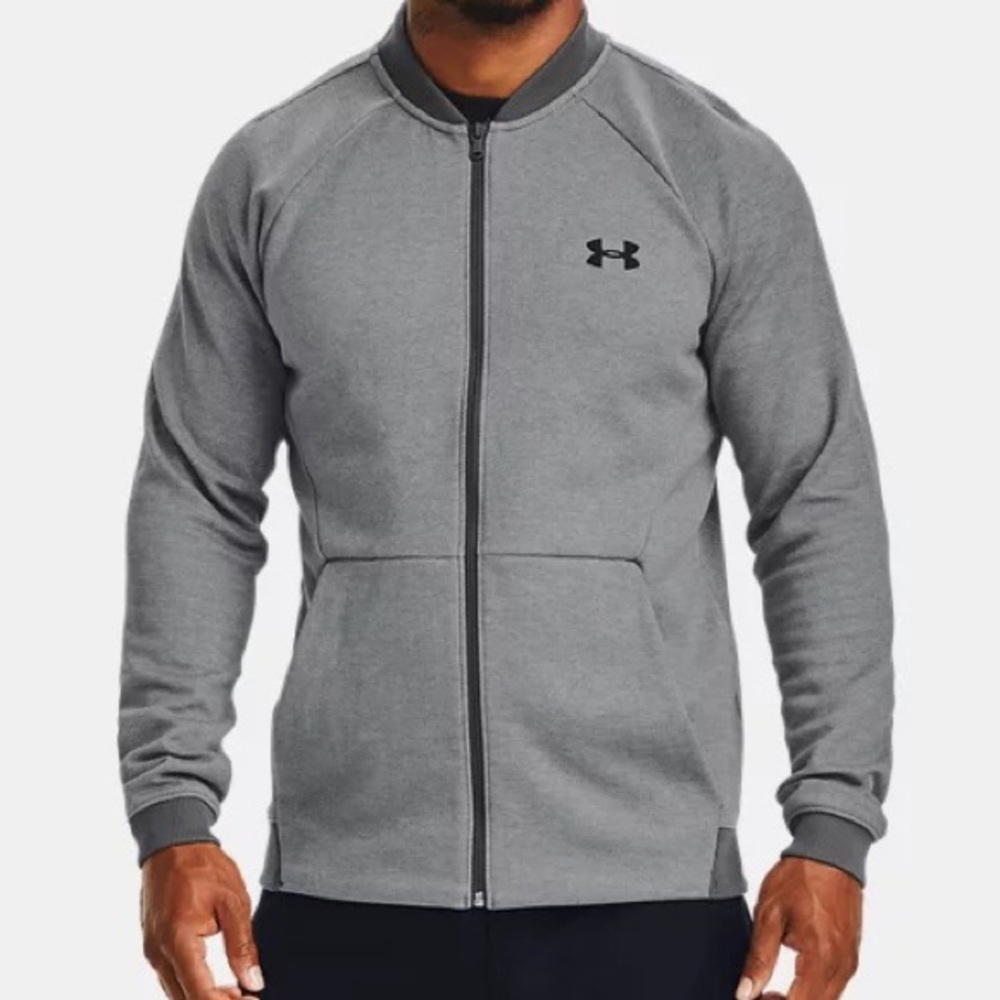 Under Armour Double Knit Bomber Jacket Mens Medium Fitted Gray Athletic Full Zip